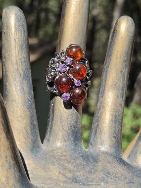 Amber & Amethyst Natural Gemstone Sterling & Rhodium Cocktail Ring Sz7